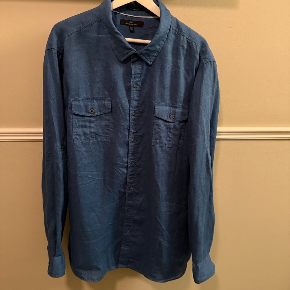 Marc Anthony Blue Linen Shirt Men’s XXL Slim Fit Button Down Long Sleeve Pockets